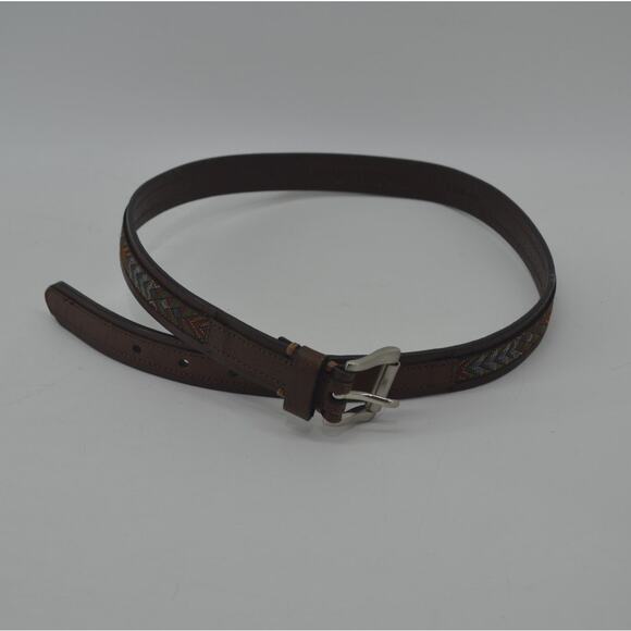 Women's Brown Leather Belt Textile Multicolored Accent Large - Picture 2 of 9